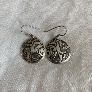 Vintage 1970s Egyptian Silver Etched Circle Disk Drop Earrings